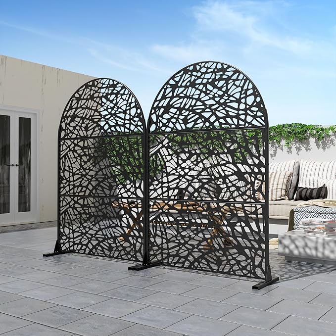 Casaphoria 72" H x 47" W Arched Metal Privacy Screen - Elegant Freestanding Outdoor Screen for Deck, Patio & Balcony - Versatile Decorative Privacy Panels for Home & Garden Use (Black-Net)