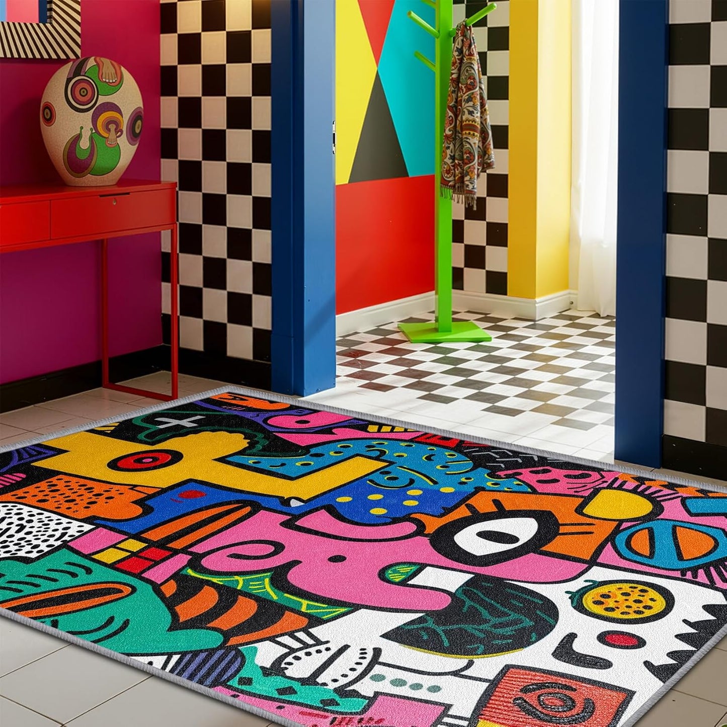 Abstract Rug 5x7-3x4 Rug - Abstract Rug - Colorful Pop Art Area Rug - Modern Geometric Graffiti Rugs - Multicolor Artistic Carpet - Home Decor