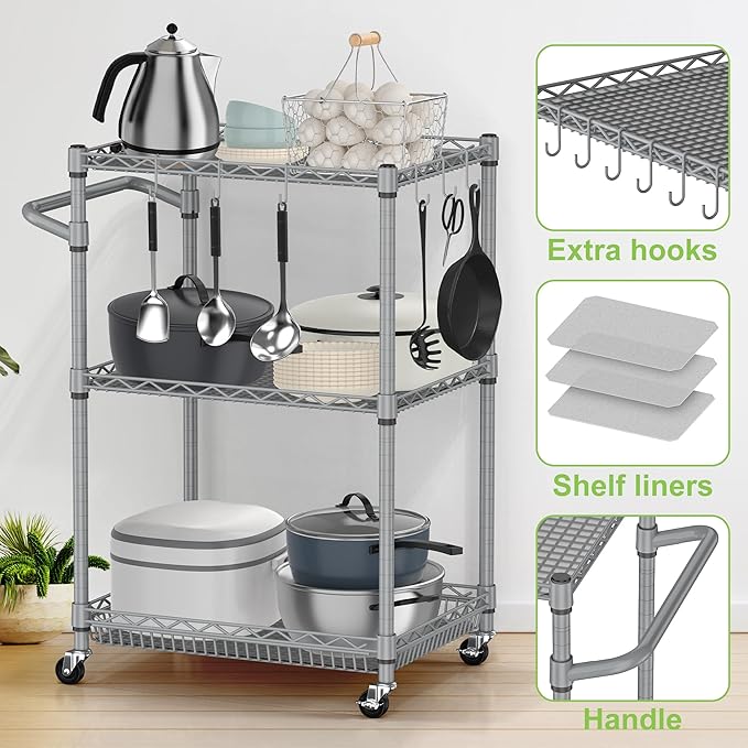 3 Tier Rolling Utility Carts with Wheels Heavy Duty Storage Cart 750Lbs Capacity Adjustable Kitchen Metal Organizer Cart with Handle & Shelf Liner Commercial Service Trolley for Indoor & Outdoor Use