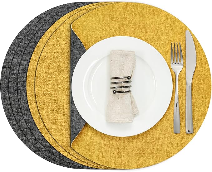 Myir JUN Round Placemats, Dual Sided Faux Leather Place Mats Set of 6 Indoor/Outdoor Non-Slip Washable Table Mats (Gray Yellow, Set of 6)