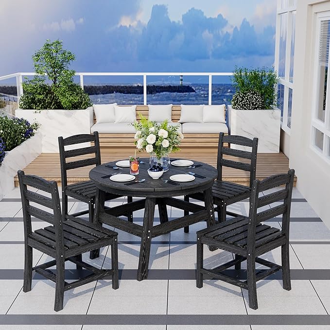 Pamapic 5 PCS Round Outdoor Dining Set, Wood Grain HDPE Outdoor Table and Chairs with 105° Ergonomic Backrest, Durable Patio Dining Table with Umbrella Hole, Black