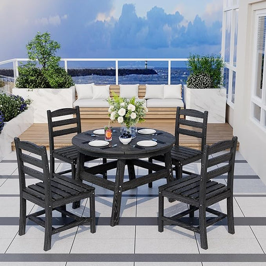 Pamapic 5 PCS Round Outdoor Dining Set, Wood Grain HDPE Outdoor Table and Chairs with 105° Ergonomic Backrest, Durable Patio Dining Table with Umbrella Hole, Black