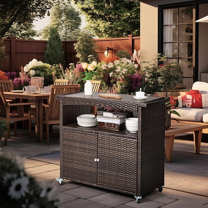 Outdoor Bar Cart with Storage Cabinet Patio Wicker Sideboard Buffet Cabinet Prep Table Outside Kitchen Serving Cart with Rolling Wheels & Handle Rattan Portable Bar Table with Shelves Doors Brown