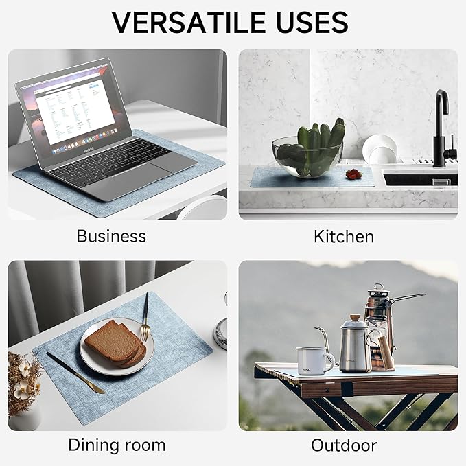 Faux Leather Vinyl Placemats Set of 6 Wipeable Heat Resistant Place Mats 100% Washable - Waterproof - Anti Slip Reversible Table Mats for Kitchen/Dining/Party/Outdoor, 12" x 16.5", Light Blue & Black