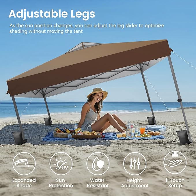 PHI VILLA 10x10ft 1-Person Setup Pop Up Canopy Tent Instant Portable Shelter w/ 1-Button Push, Case, 4 Weight Bags - Dark & Light Brown