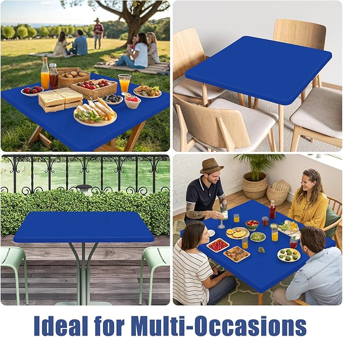 Spandex Square Table Cloth 6 Pack, Elastic Fitted Tablecloths for Picnic, Stretch Washable Patio Table Cover for Outdoor, Camping, Banquet and Parties (Blue, 34"x34")