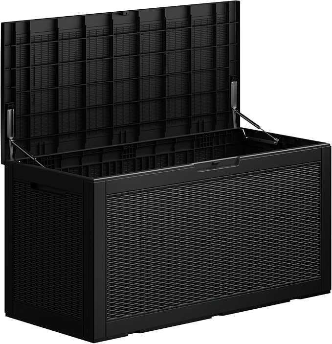 100 Gallon Deck Box, Resin Outdoor Indoor Waterproof Storage Box, Lockable Storage Box With Handle for Patio Furniture - Garden Tools - Swimming Pool Tools UV-Resistant, (100 Gallon Black)