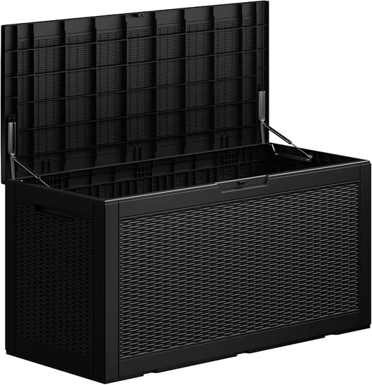 100 Gallon Deck Box, Resin Outdoor Indoor Waterproof Storage Box, Lockable Storage Box With Handle for Patio Furniture - Garden Tools - Swimming Pool Tools UV-Resistant, (100 Gallon Black)