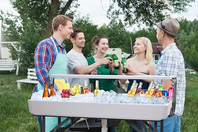 Nice C 4 ft Folding Ice Cooler Table, Party Cooler, Grazing Table, Tables with Drain, Party Tables, with Matching Skirt, Storage Shelf (White)