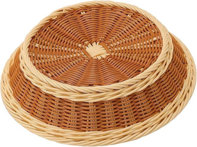 4 Pack Woven Bread Baskets, 11.5 Inch Round Imitation Rattan Basket Wicker Fruit Baskets, Woven Food Serving Basket for Family Party Kitchen Restaurant Outdoor, Brown & Beige