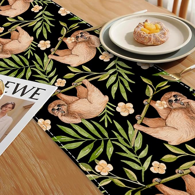 Funny Cute Sloth Flower Table Runner Dresser Scarves Seasonal Linen Tablerunner for Indoor Outdoor Kitchen Home Party Holiday Dining Table Decor 13 X 70 Inch