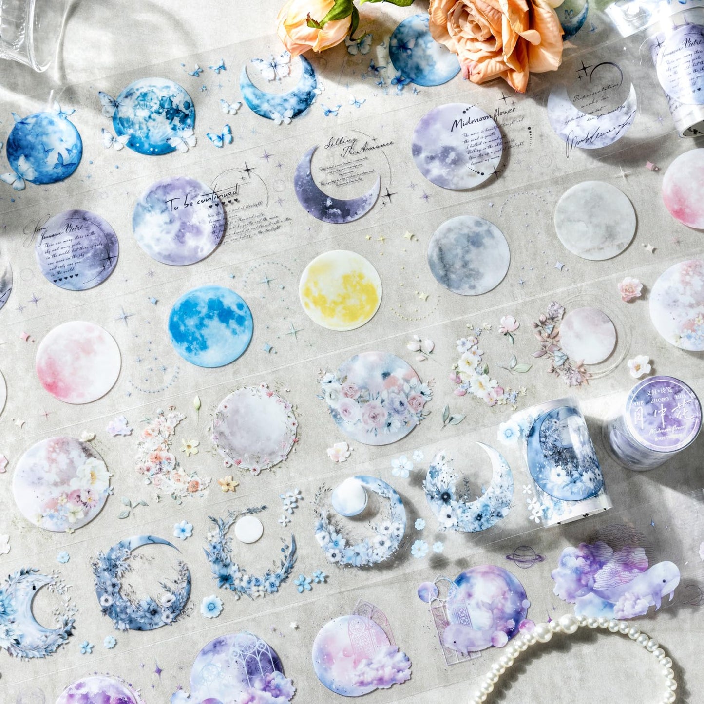 6 Rolls Moon Flower PET Tape Set, Pre-Cut Aesthetic Stickers for Journaling, Scrapbooking, and DIY Crafts, with Decorative Clip