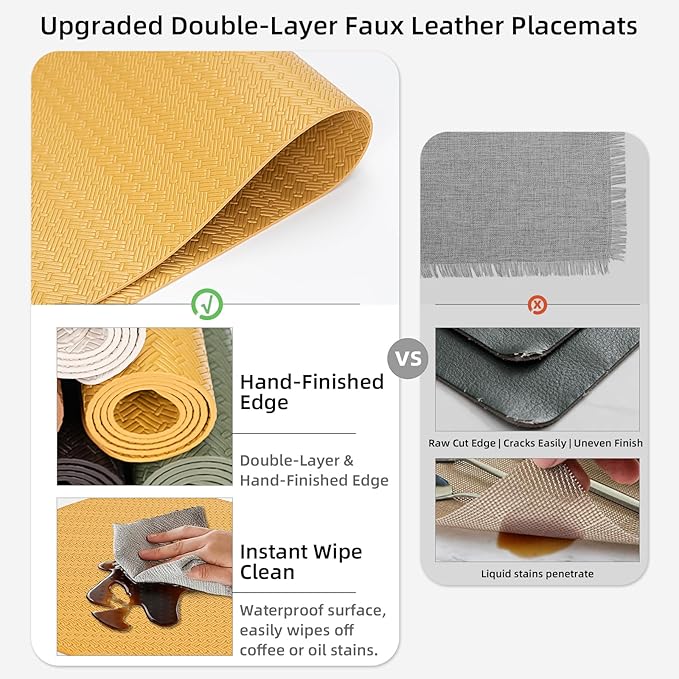 Faux Leather Placemats Set of 4 – 17x12 Inch Vinyl Table Mats, Heat Resistant, Non Slip, Wipeable & Washable, Easy to Clean Dining Table Decor for Kitchen & Dining Room（Golden Yellow）