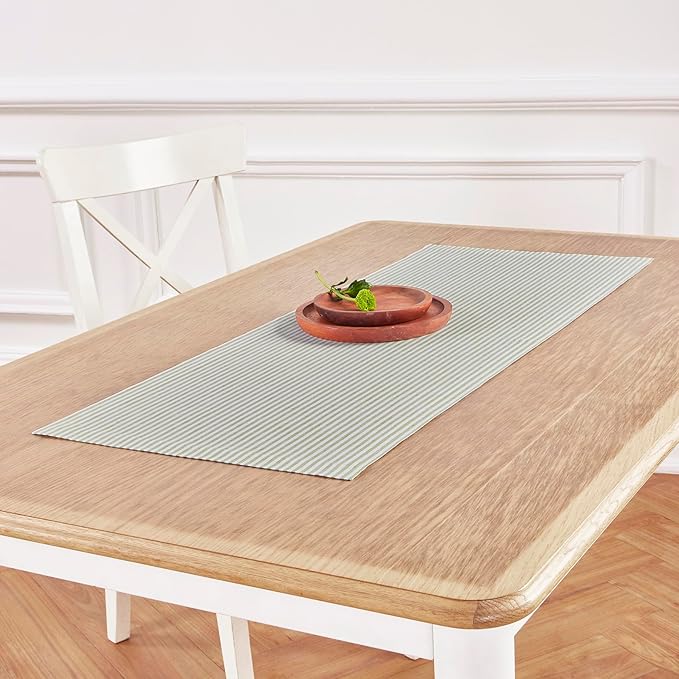 Solino Home Linen Table Runner 36 Inches - Narrow Stripe 100% Pure Linen Avocado and White Table Runner 14 x 36 Inch Ideal for Dresser and Coffee Tables - Winter, Spring, St Patricks Day, Easter