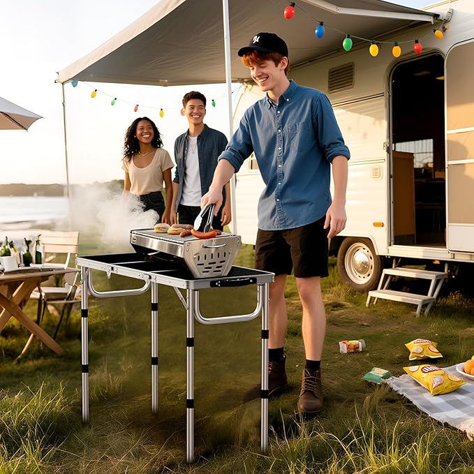 Anbte 3ft Folding Grill Table with Storage Bag, 3 Adjustable Height 27.5" Aluminum Portable Grill Table, Heat Resistant, Lightweight, Portable Handle for BBQ Cooking Camping Travel, 35" X 16", Silver