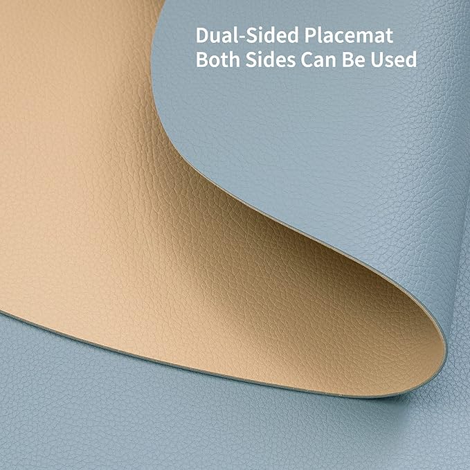Myir JUN Placemats, Dual-Sided Placemats Waterproof Faux Leather Placemats Set of 6 Place Mats and Coasters Non-Slip Washable Table Mats for Dining Table (Camel Yellow Light Blue, Set of 6)