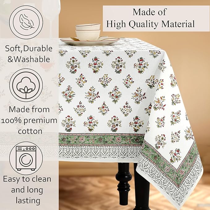 CPC Tablecloth 100% Cotton 70x108 Inch Indian Block Print Rectangle Table Cover, Green Table Cloth for Weddings, Spring/Summer Barbeque - Forest Green