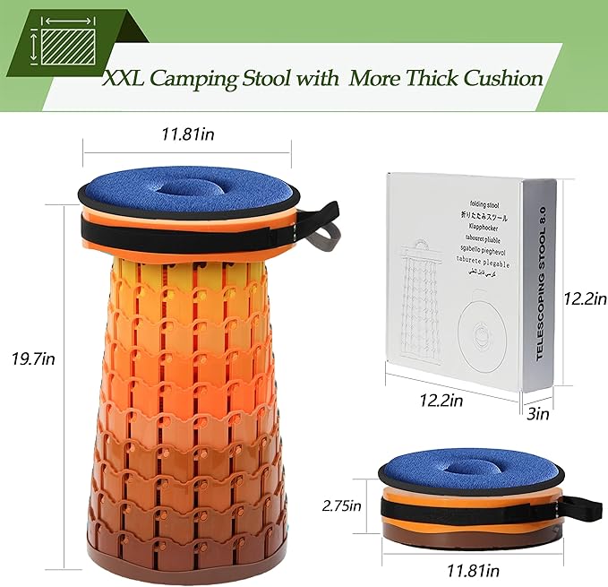 ALEVMOOM Upgraded XXL Collapsilbe Stool with Cushion,More Sturdy and Height 19.7",D11.8,Portable and Lightweight Adjustable Chair Telescoping Stool for Camping Hiking BBQ Max Loading 1000Ibs