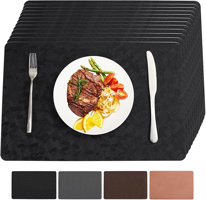 Vinyl Placemats Set of 12 Heat Resistant Easy Clean Non-Slip Place Mats for Dining Table. Faux Leather Waterproof Stain Resistant Wipeable Washable PU Table Mats(12, Black)