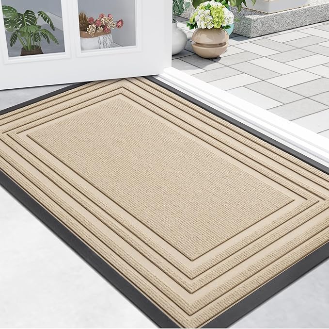 Buganda Front Door Mat Indoor Outdoor Entrance, Non-Slip Natural Rubber Doormats, Easy Clean, Low Profile, Dirt Trapper Entryway Floor Mats for Outside, Garages and Patios, 29.5x17, Beige