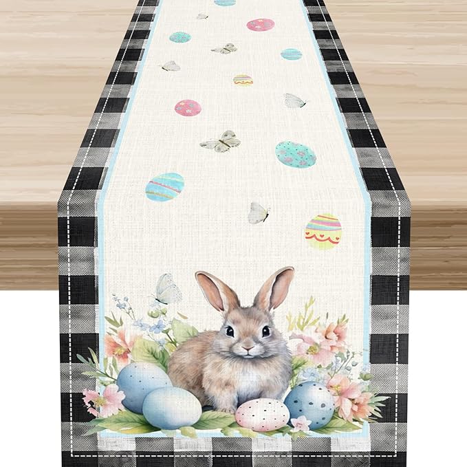 Easter Table Runner,Vinatge Black Plaid Rabbit Easter Eggs Butterflies Floral Spring Table Center Decor for Family Kitchen and Living Room Outdoor Farmhouse Party Table Decorations, 13"x36"