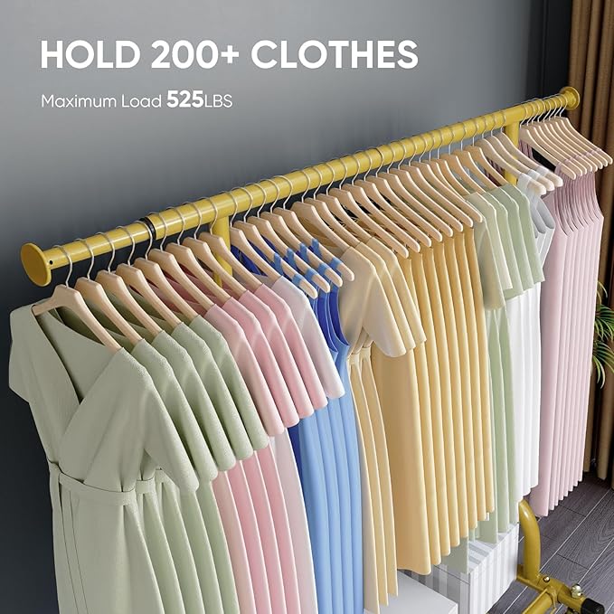 HOKEEPER Clothing Rack Gold Clothes Rack Heavy Duty Garment Rack for Hanging Clothes 525LBS Commercial Clothing Racks with Wheels for Bedroom, Laundry, Balcony, Living Room 22" D x 75" W x 71" H