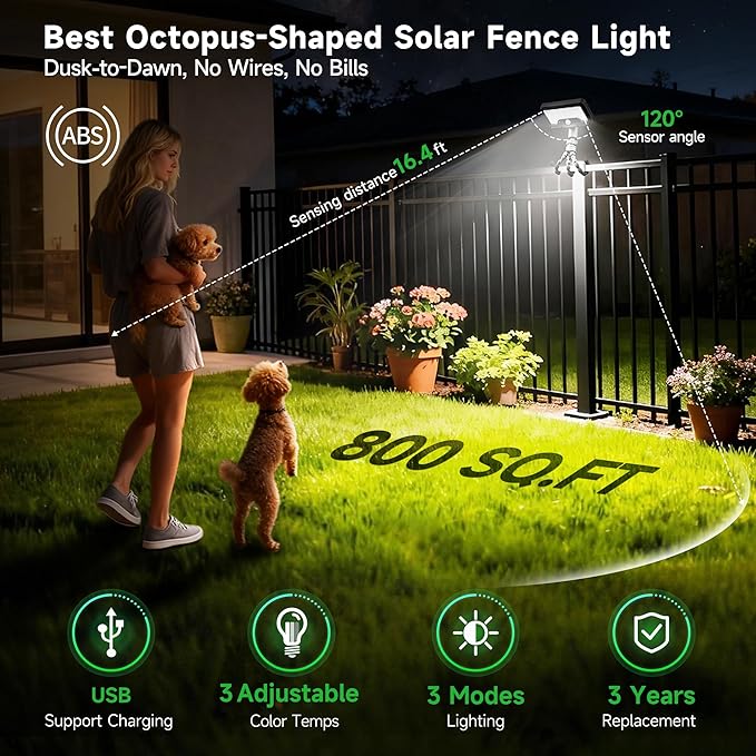 Solar Motion Lights Outdoor with Flexible Octopus Tripod, 12V Low Voltage Lights with Type-C USB, IP65 Waterproof Directional Fixture Black for Fence Travel [2-Pack]