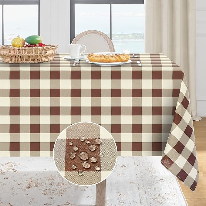 Softalker Gingham Checkered Tablecloth Rectangle - Outdoor Waterproof Buffalo Plaid Table Cloth, Stain Resistant Washable Table Cover for Picnic, Camping, Dining - Coffee and White, 54 x 78 Inch