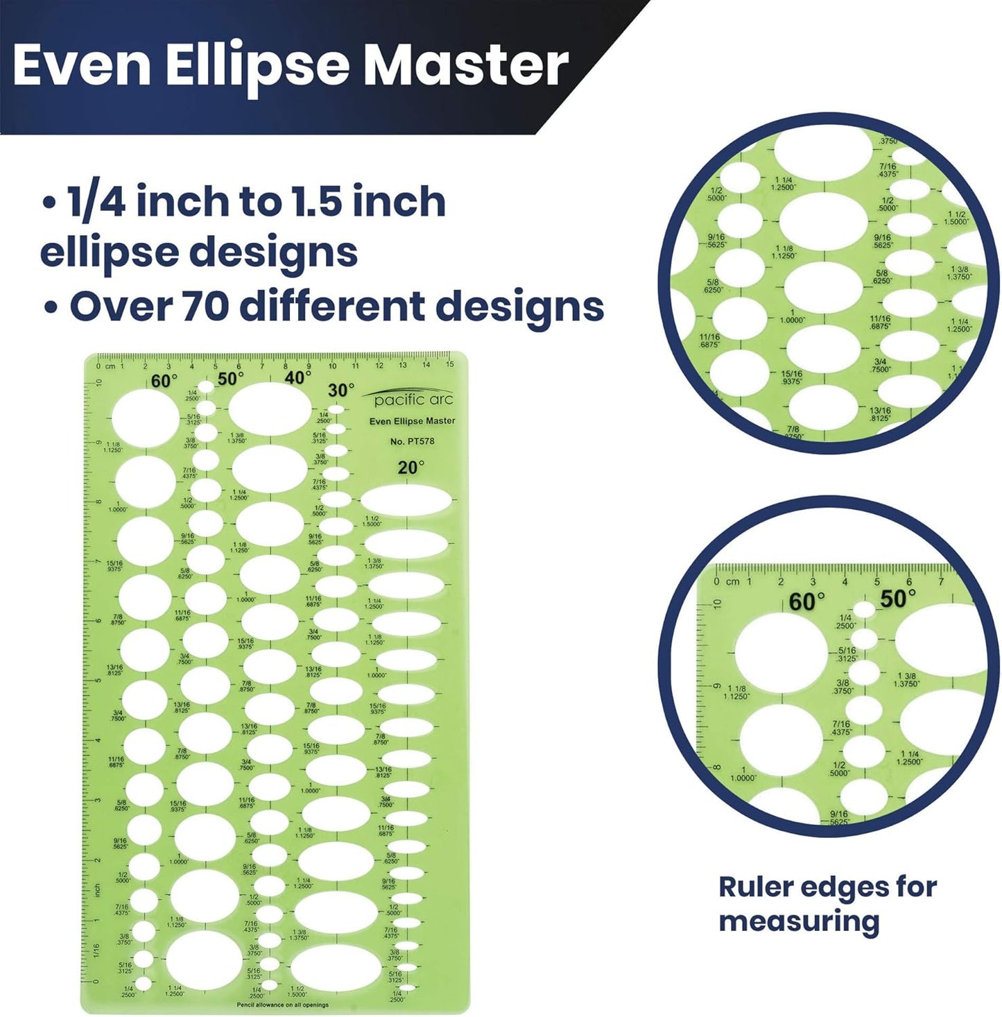 Pacific Arc Even Ellipse Master Template Guide, 79 Ellipses in 5 projections of 20, 30, 40, 50, and 60 Degrees