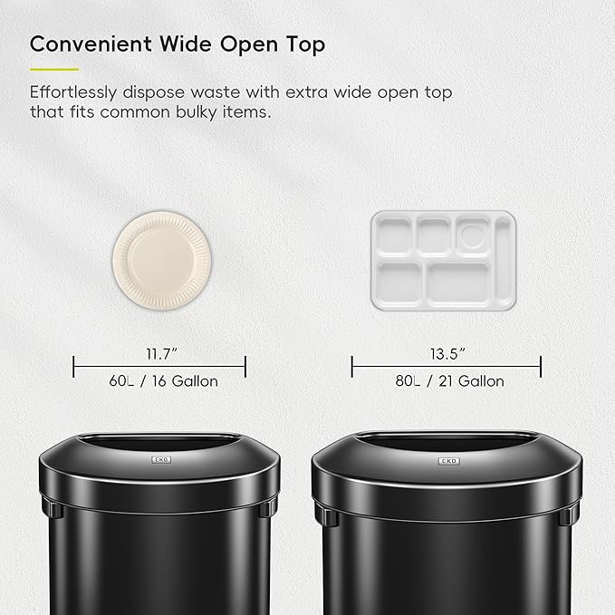 EKO Urban 16 Gallon Semi-Round Open Top Waste Bin, Stainless Steel Half Round Commercial Trash Can for Indoor and Outdoor, Extra Large Garbage Bin for Home, Office, Restaurant, 60L, Matte Black