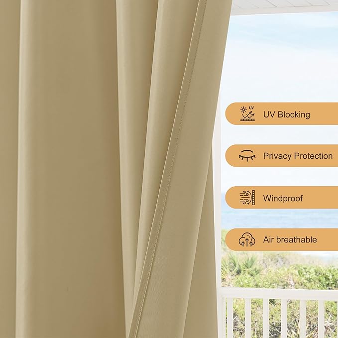 HolidayIdeas Rod Pocket Outdoor Patio Curtains Waterproof 6 Pcs 54x108 Inch- Protect Privacy & Weatherproof Balcony Outdoor Curtains for Apartments,Porch, Gazebo, Pergola, Sliding Glass Door, Cream