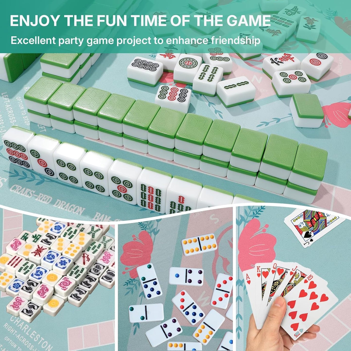 Mahjong Mat, Mahjong Mat for Table, Comes with 1 Velvet Mahjong Mat Storage Bag, with 2025 Mahjong Cards (4pcs), Fit for Mahjong/Poker/Board Games/Card Games/Dominoes (Green)