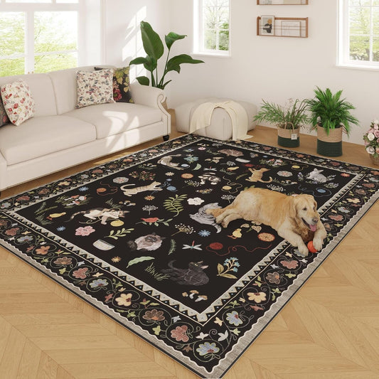 Rugcomf Area Rugs 8x10 Rug for Living Room Clearance Washable Boho Area Rug Non Slip Floral Animal Cat Vintage Low Pile Large Rug for Living Room Bedroom Farmhouse Dining Room Kids Playroom, Black