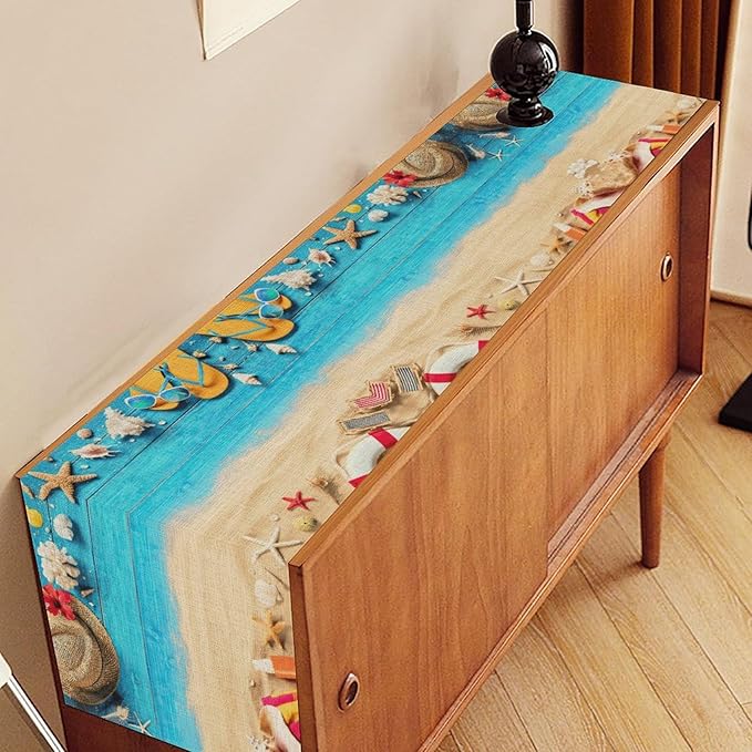 Summer Coastal Table Runner, Nautical Starfish Beach Seashell Ocean Retro Wooden Plank Seasonal Coffee Table Center Decor for Home Kitchen Dining Patio Holiday Party Table Decorations 13"x72"