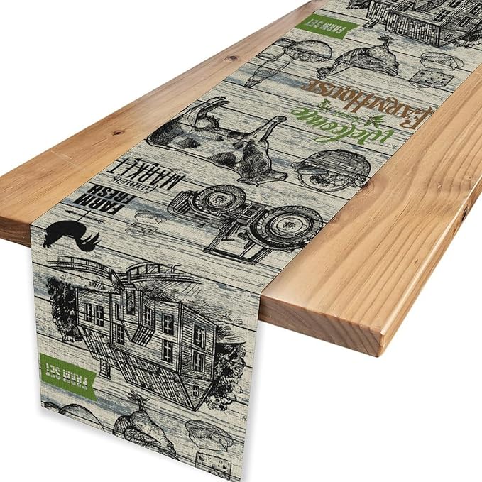 Farmhouse Cow Table Runner, Retro Rustic Country Barn Cottage Rooster Cow Animal Plank Coffee Table Center Decor for Home Kitchen Dining Patio Holiday Party Indoor Outdoor Table Decorations 13"x36"