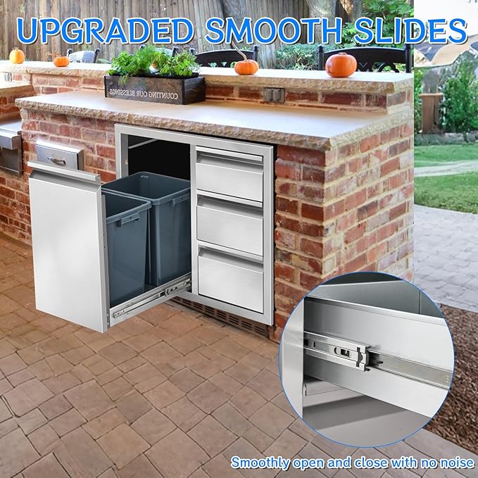 Outdoor Kitchen Drawer Combo, Stainless Steel Triple Drawer Cabinet with Built-in Trash Drawer & Two Trash Cans, 28" W x 22" H x 19.5" D Outdoor Kitchen Storage for BBQ Grill Islands