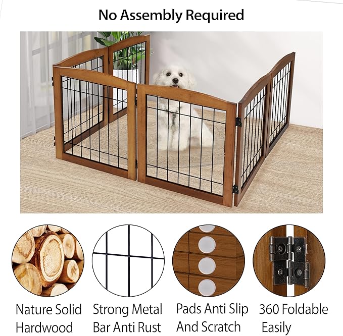 LZRS 6-Panel Extra Wide Wooden Freestanding Dog Gate: Foldable Solid Wood and Steel Wire Chew Resistant Safety Barrier for Doorways, Stairs, and Open Long Spaces Indoor Use, Cherry