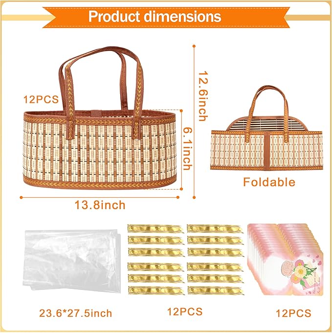 Orchidleaf 12 Set Baskets for Gifts Empty, Gift Empty Bamboo Basket Large, Foldable Woven Gift Basket with Handle for Baby Baptisms, Mother's Day, Christmas, Housewarming