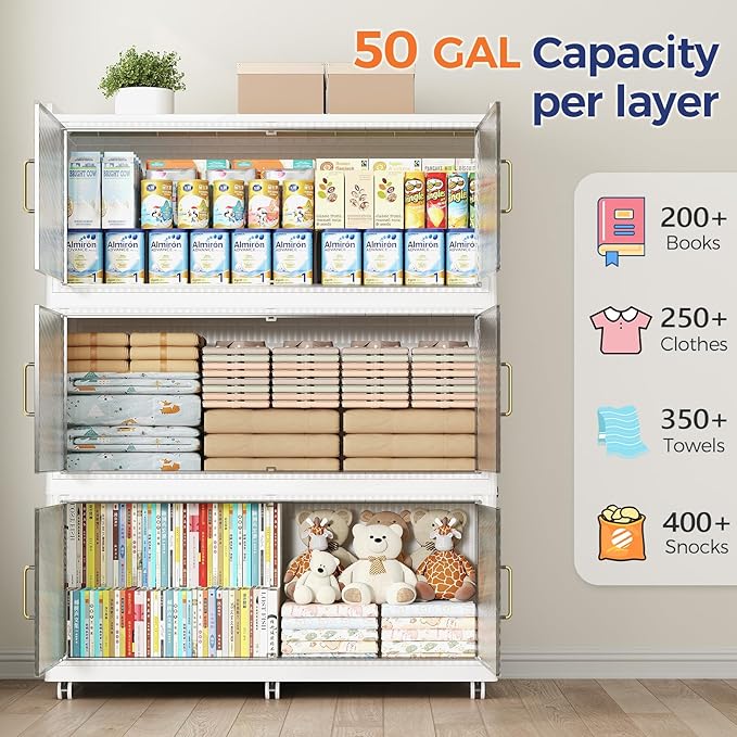 150GAL Extra Large Storage Bins with Lid, 600QT Collapsible Organizer with Wheels, Stackable Closet Cabinet with Doors, Folding Storage Containers for Home, Office, Kitchen, 3Pack White