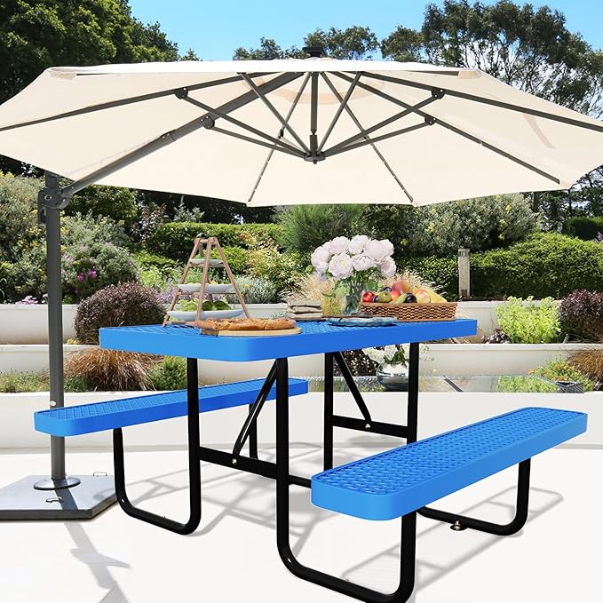 4FT Picnic Tables for Outdoors, Rectangular Commercial Metal Picnic Table Bench Set with Umbrella Hole,Heavy Duty Steel Weather-Resistant Dining Table for Patio Dining Garden Backyard BBQ School