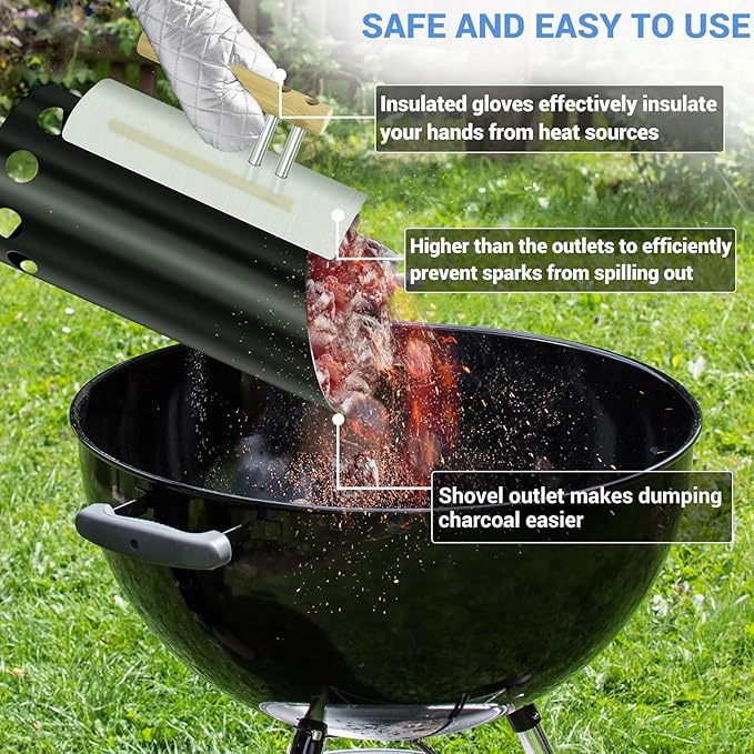 Charcoal Chimney Starter with Insulation Gloves Double Enameled BBQ Starter, 2PCS barbrcue Gloves for Charcoal Grill with Heat Shield & Rubber Wood Handle Great Heat Insulation and Easy Grip