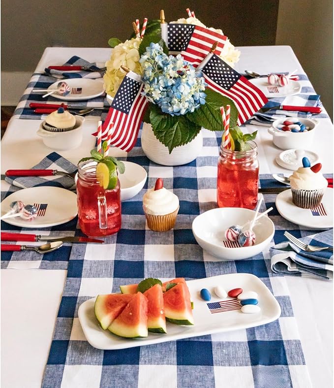 Solino Home Linen Checkered Table Runner 60 Inches - 100% Pure Linen Blue and White Buffalo Check Short Table Runner 14 x 60 Inch Ideal for Dresser and Coffee Tables - Winter, Spring, Easter