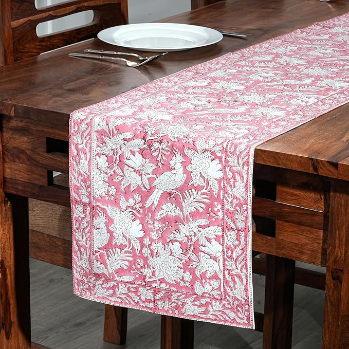 CPC Cotton Table Runner 16x90 Inch Block Printed Long Fall Table Runner for Dining Table, Card Table, Coffee Table, Wedding, Farmhouse & Outdoor Barbeque-Coral Pink