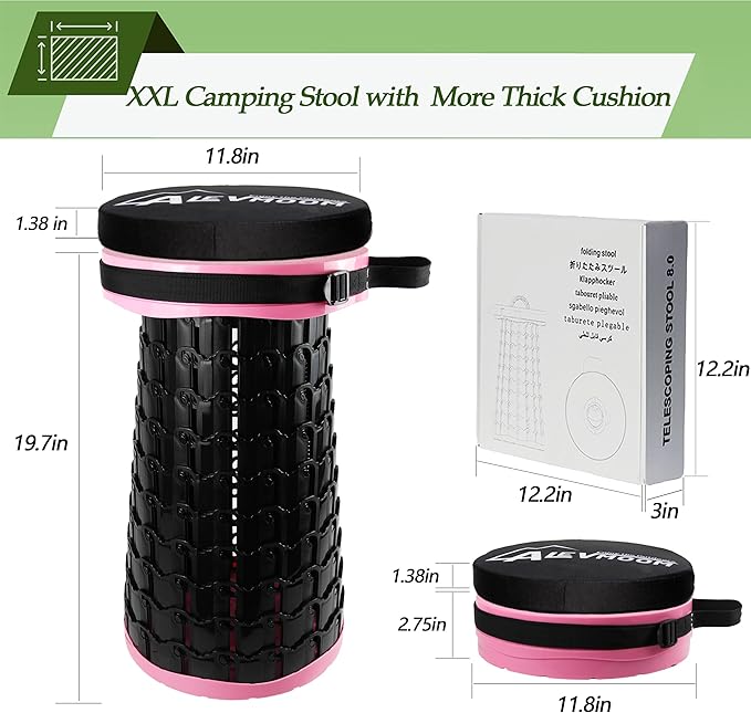 ALEVMOOM Upgraded XXL Collapsilbe Stool with Cushion,More Sturdy and Height 19.7“,D11.8”,Portable and Lightweight Adjustable Telescoping Stool for Camping Hiking BBQ Max Loading 1000Ibs