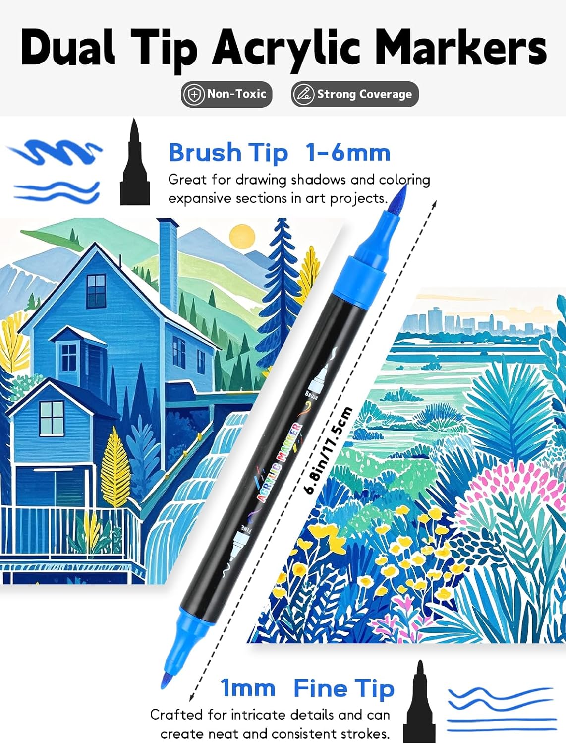 48 Colors Acrylic Paint Markers, Dual Tip Acrylic Paint Pens with Brush and Fine Tips for Kids, Adults, Wood, Canvas, Stone, Rock Painting, Glass, Ceramic Surfaces, DIY Crafts Making