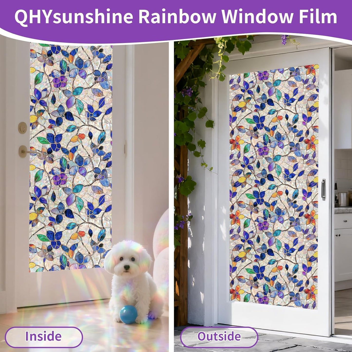 Window Privacy Film Stain Glass Window Film Rainbow Window Film Window clings Non-Adhesive Reusable Decorative for Room (Purple Rainbow, 35.4 X 157.4 in)