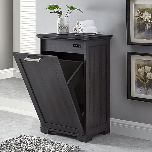 OLD CAPTAIN Wooden Tilt Out Trash Cabinet, Hidden Trash Can Kitchen Holds 10 Gallons (Dark Brown+Black Top Panel)