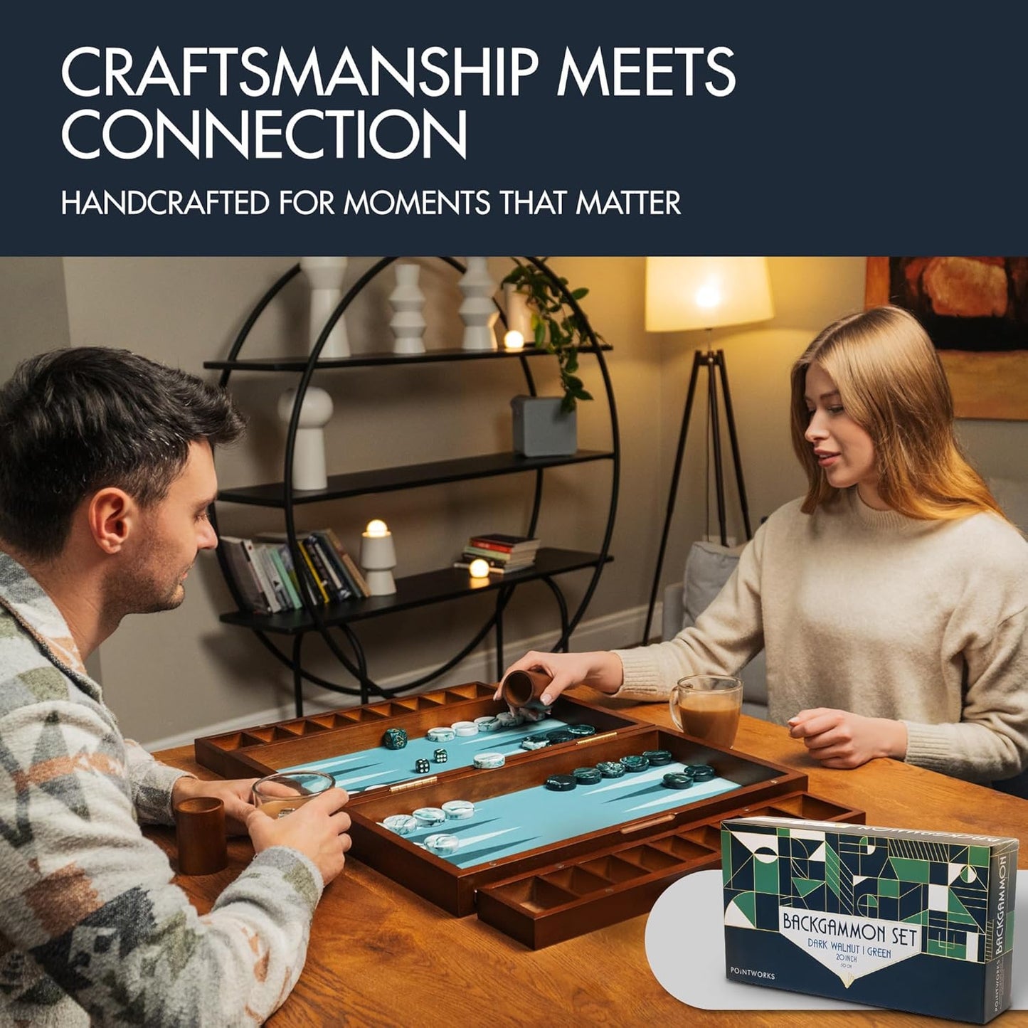 20 Inch Large Backgammon Sets for Adults, Green Backgammon Board, Solid Wood. Removable Accessory Tray, Premium 1.5 Inch Checkers & Dice Set, Backgammon Game Set Backgammon Table