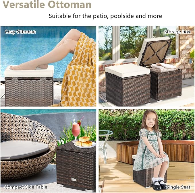 Tangkula 2 Pieces Patio Ottomans, Patiojoy Hand-Woven PE Rattan Side Table with Removable Cushion & Hidden Storage Space, Multifunctional Storage Box, Seat for Patio, Backyard, Poolside (Off White)