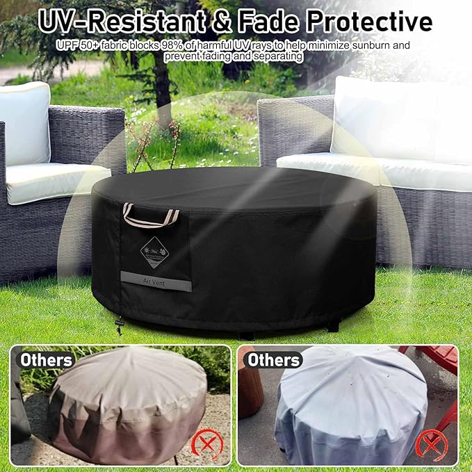 QH.HOME Fire Pit Cover Round Super Waterproof, 28" D X 16" H Outdoor Round Firepit Cover 600D Strong Tear Resistant, UPF 50+ Fire Pit Covers Premium Fading Resistant for Outdoor Fire Pit - Black